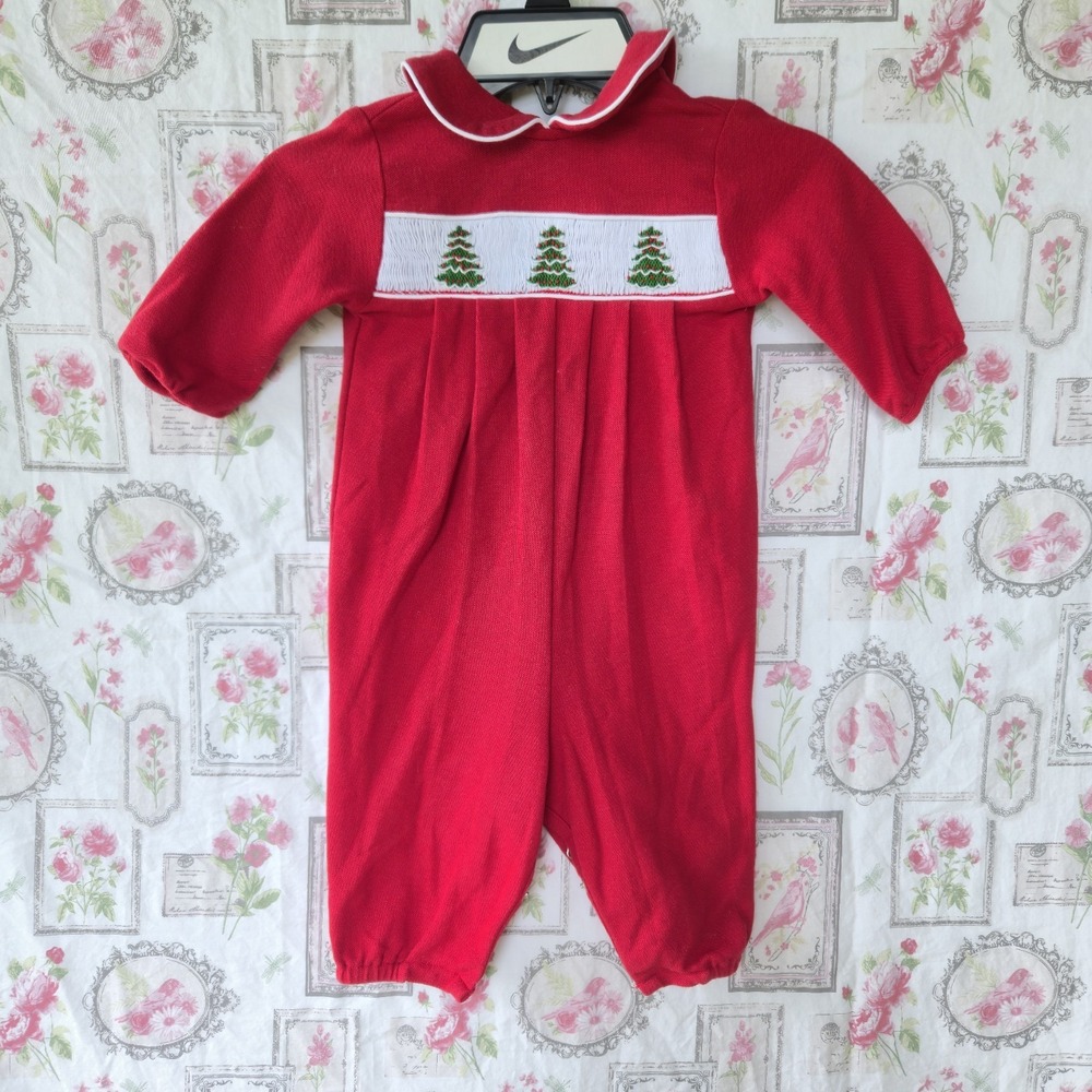 Vintage Bailey Boys 9M Red Smocked Christmas Tree One Piece Romper Jumpsuit